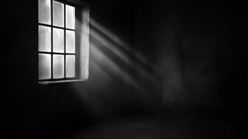 Monochrome window casting diagonal light in dark interior.