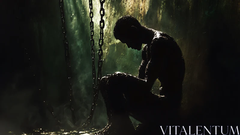 Quiet silhouette in chains bathed in dim golden light.