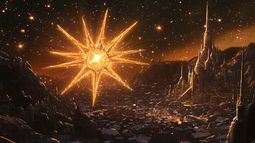 Golden star over a glowing fantasy city at starlit dusk.