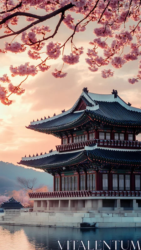 Pagoda pavilion under sakura canopy at pastel sunset glow.