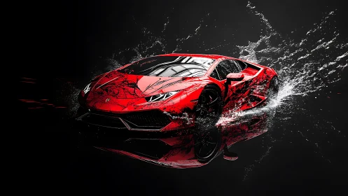 Red supercar bursts through water in a dramatic splash.