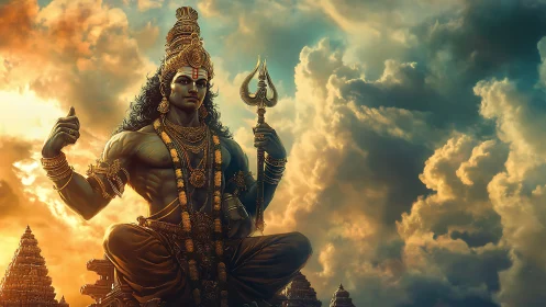 Storm-lit deity warrior seated above gilded temple spires.