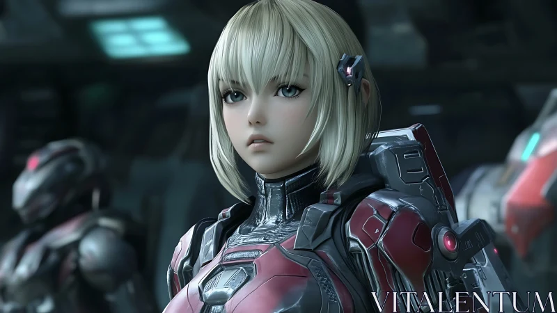 Stoic blonde space soldier stands ready in reflective armor