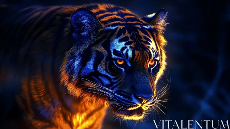 Tiger head rendered in vivid blue and orange lighting