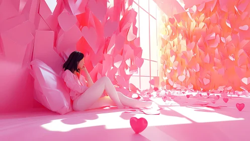 Surrounded by Floating Pink Hearts in a Dreamy Love Haven