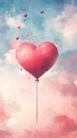 Heart-Shaped Balloon Ascending Through Clouds in Dreamscape.