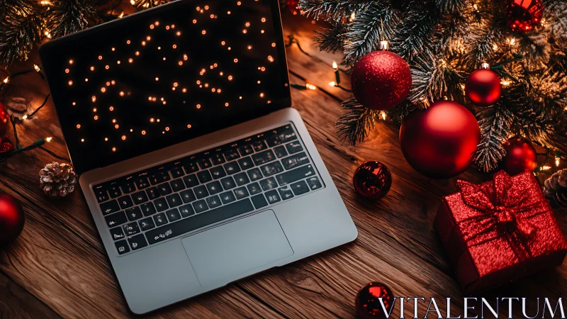 Holiday laptop workspace under glowing Christmas tree décor.