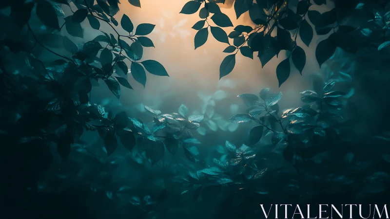 Moonlit leaves cradle a misty emerald forest glowscape.