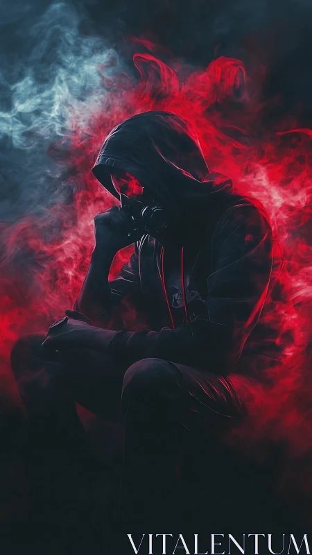 Hooded figure sits in red and blue smoke silhouette