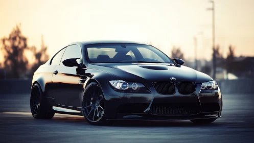 Sleek black BMW coupe glows under warm sunset light.