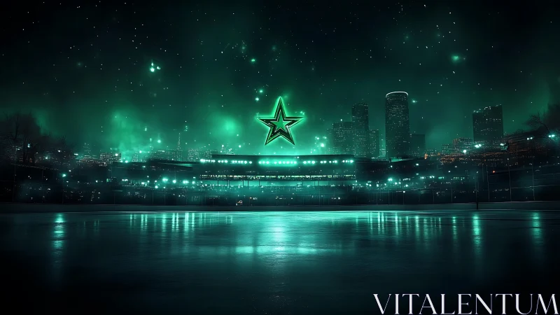 Neon green star hovers above futuristic city stadium.