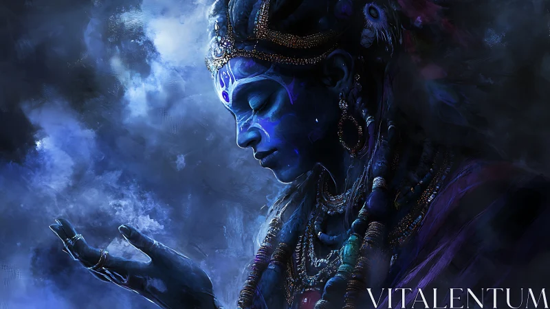 Nocturnal blue deity profile in mystic atmospheric bloom.