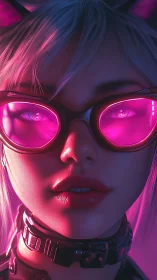 Close portrait of woman in neon glasses and collar.