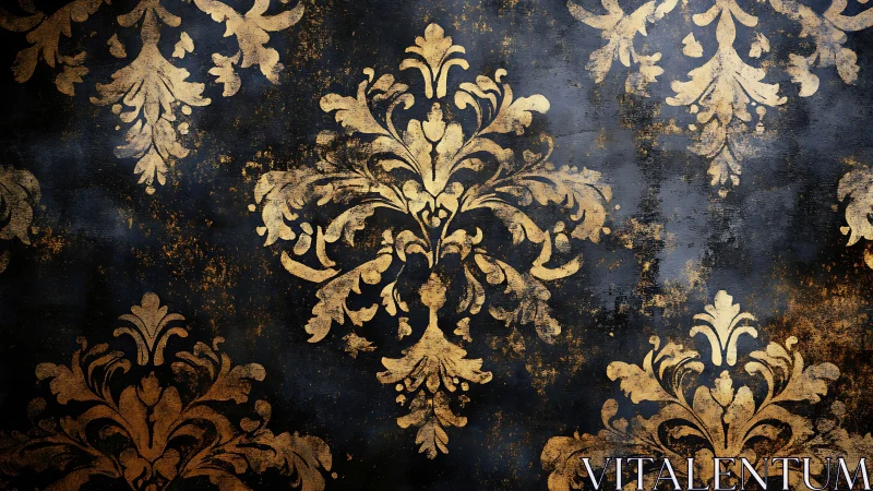 Ornate gold damask flourishes on distressed dark ground.