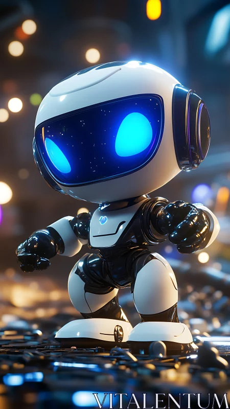 Compact bipedal robot with illuminated visor in lab setting.