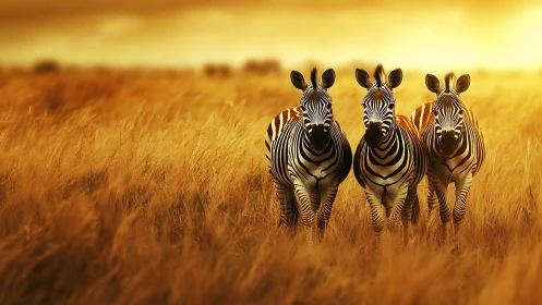 Striped sentinels stride through molten savanna dusk.