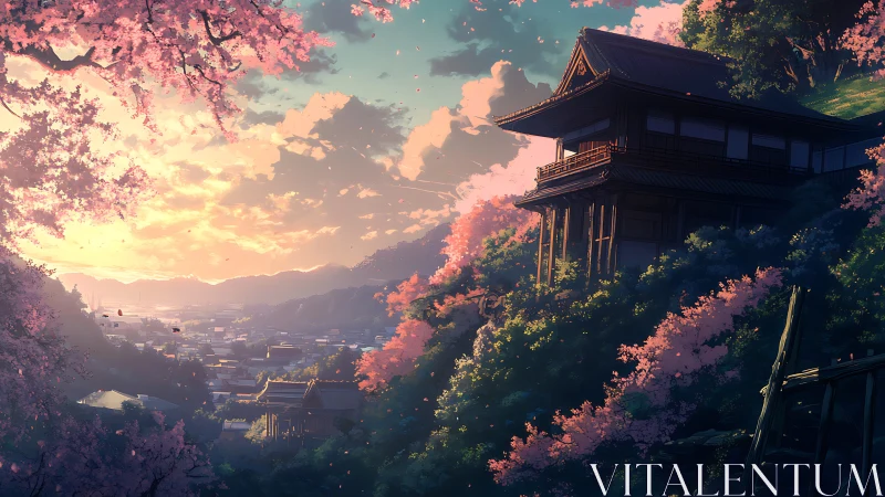Sunlit hillside ryokan overlooks sakura valley at golden hour