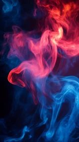 Red and blue swirling smoke flows in abstract contrast.