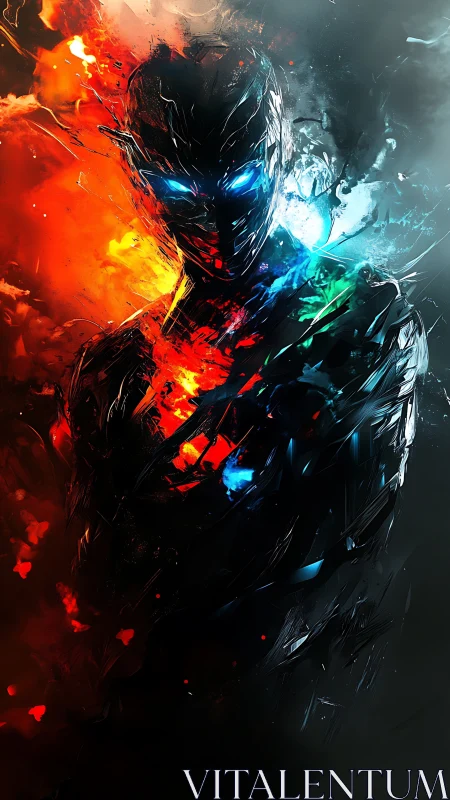 Cyberpunk elemental avatar in fractured dual-tone composition.