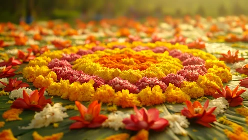 Radial floral mandala pattern under warm shallow-depth lighting.