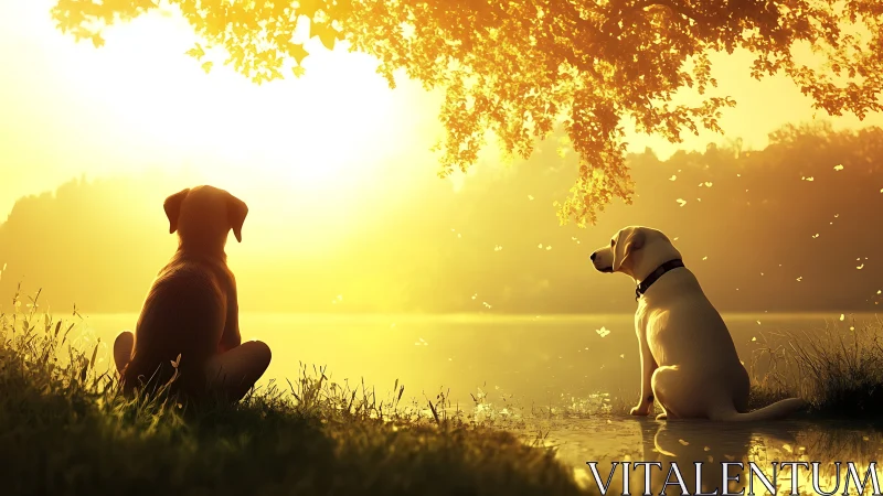 Two dogs by lakeside tree in warm backlit sunset scene.