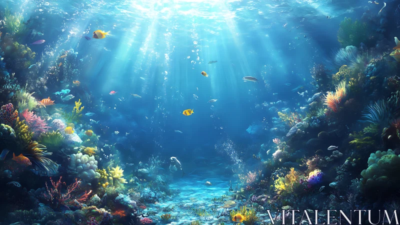 Sunlit coral reef scene shows diverse fish and dense marine life