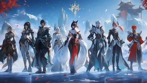 Digital painting lineup of fantasy warriors in icy court setting.