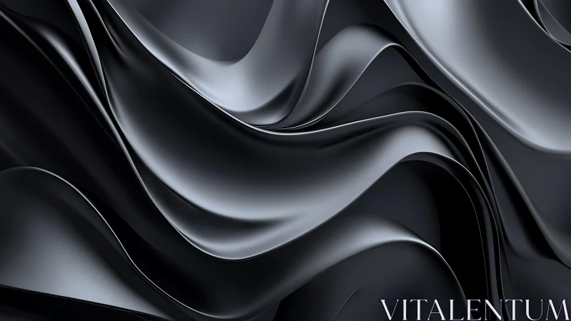 Abstract black metallic waves digital art, smooth flowing lines.