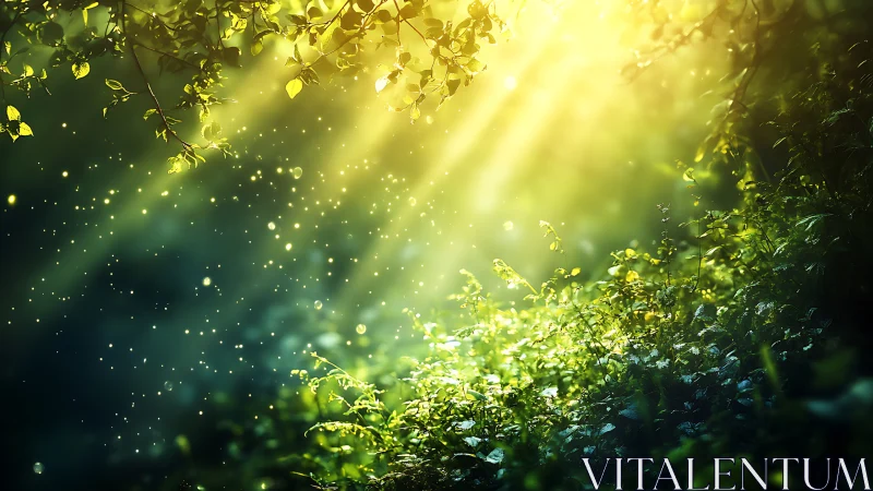 Volumetric sunbeams illuminate dense forest undergrowth realistically