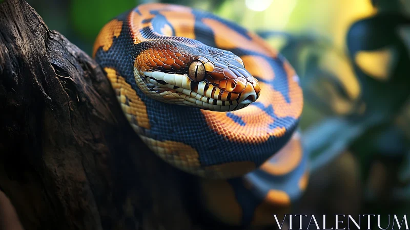 Coiled jungle ember serpent resting on shadowed bark perch.