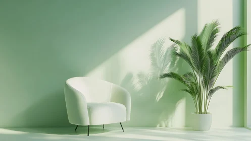 Minimalist green lounge with soft armchair and potted palm
