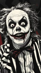 Wild haired clown leans close with a chilling, crooked grin