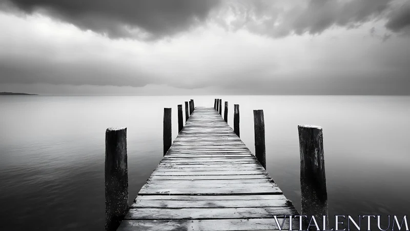 Monochrome wooden pier receding into calm horizon under storm clouds