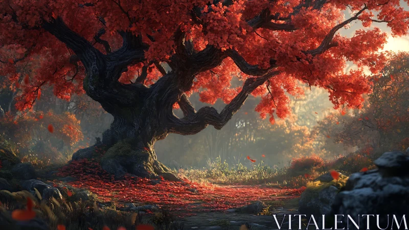 Ancient crimson tree glows above a misty forest path.