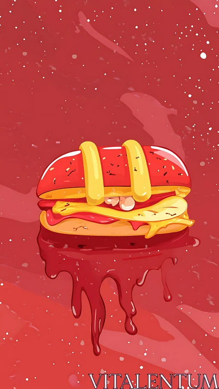 Gooey cartoon burger dripping with bold saucy color.