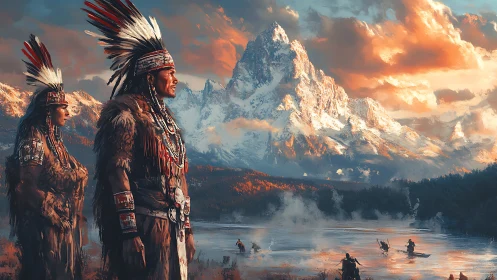 Indigenous figures in furs before snowy mountain lake scene.