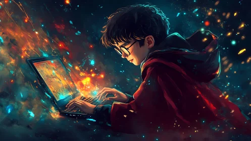 Digital painting of coding youth in luminous data nebula.