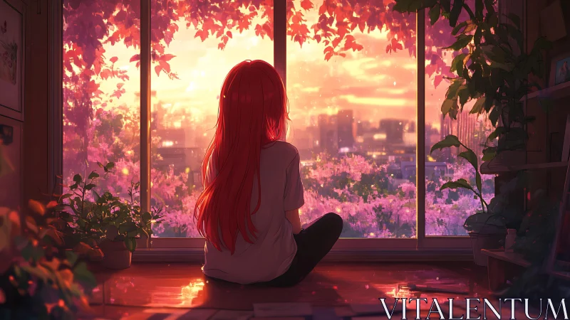 Chromatic sunset observatory with introspective anime figure.