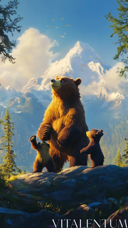 Mother bear and cubs in bright alpine mountain landscape.