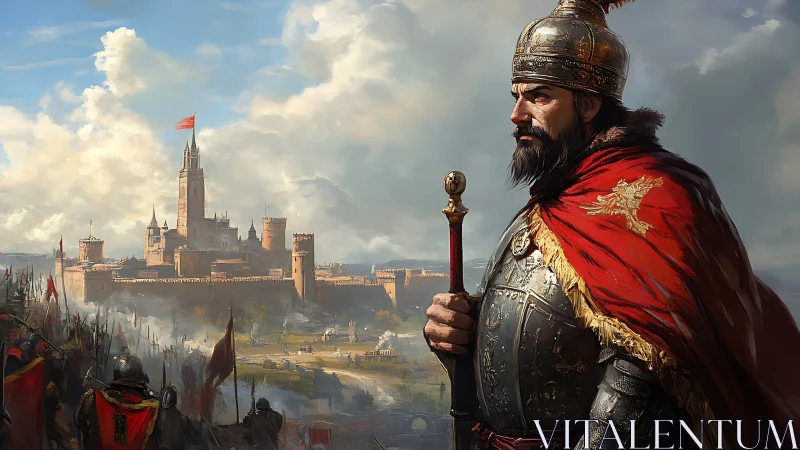 Medieval commander observing fortified city under army siege.