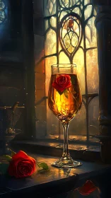 Enchanted rose chalice glows against a storybook window.