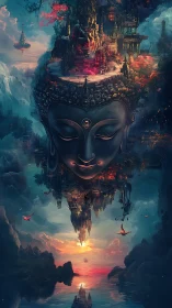 Vertical Buddha metropolis merges sacred architecture with clouds