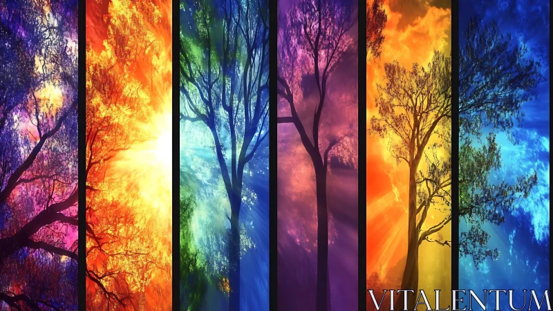 Segmented tree silhouettes against multicolor gradient sky.