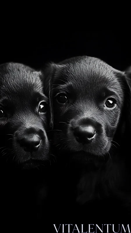 Black labrador puppies in dramatic low key portrait lighting.