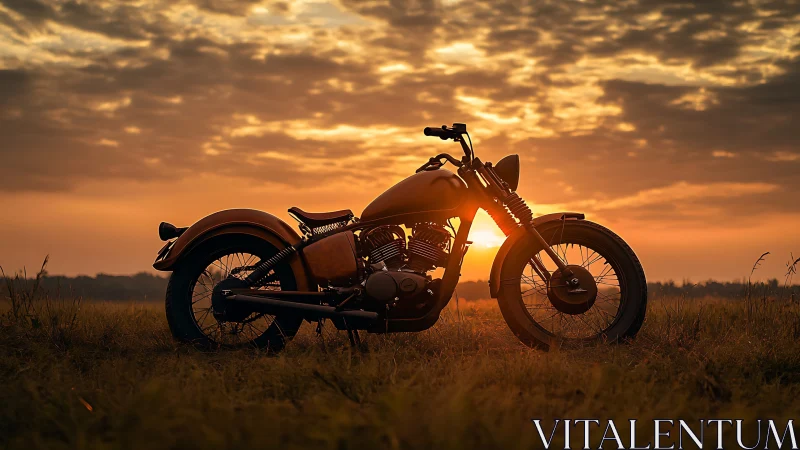 Silhouetted motorcycle stands in profile against low sunset