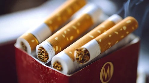 Close-up view of open cigarette pack with visible filters.