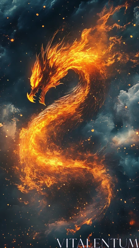 Inferno dragon coils through storm-darkened celestial sky.