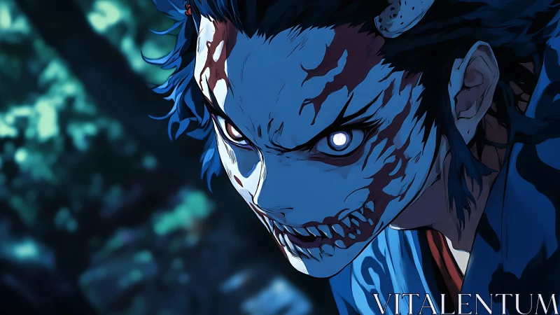 Demonic masked figure in blue tones within forest setting.