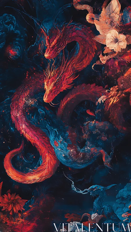 Bioluminescent twin dragons in nebular bloom with floral vortices