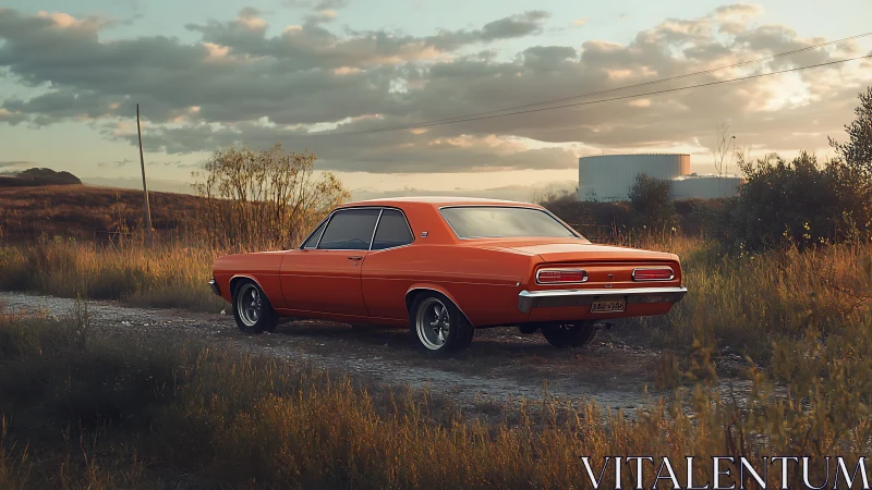 Orange vintage muscle car on rural gravel road at sunset